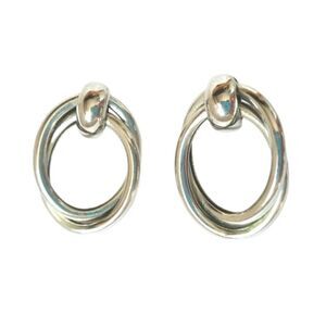 Vintage Triple Twisted Oval Door Knocker Dangle Earrings Silver Tone Posts